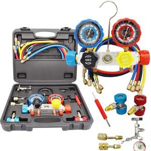R134A R410A R22 전류 분배기 미터 도구 세트, 냉매 에어컨 AC 진단 매니 폴드 게이지 4 테이블 밸브