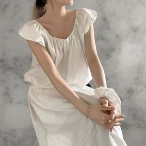 여성 곱창끈 장식 유넥 셔링 벌룬핏 반팔 블라우스