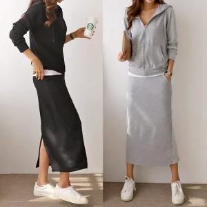 여성 88까지 면 쭈리 스판 후드집업 자켓 롱 스커트 츄리닝 세트 트레이닝 꾸안꾸 -WSST0030- 봄 가을