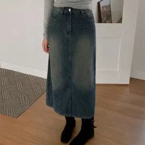 핫핑 프렌쥬 스트라이프 워싱 백슬릿 데님 롱스커트