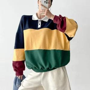 여자 배색 럭비티 오버핏긴팔 박시 티셔츠