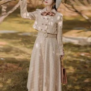 베이지체크 투피스 세트(코트 치마) 벨트치마 어텀