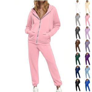 여성 편안한 탄력 세트 집업 여행용 드로스트링 의상 매칭 라운지 허리 팬츠 스웨트 스웨트슈트 2피스 후드티