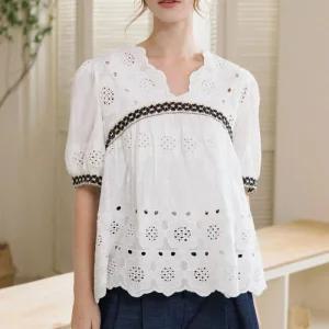 여자 썸머 플라워 펀칭 퍼프 반팔 블라우스_4