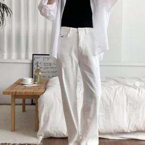 여자 여름 캐주얼 화이트 데님 와이드 팬츠_4