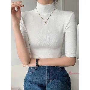 폴라티 이너 반팔 목티 니트 7부 골지 여성 티셔츠 슬림핏 목폴라 얇은 검정 흰색 간절기hij069