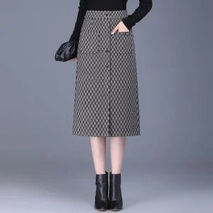 여성 데일리 A라인 겨울 치마 체크 랩 스커트 추동 스타일 스트레이트 날씬한 미디 스포M4