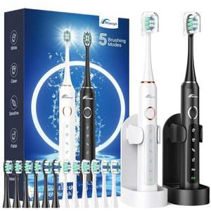 Rtauys 2팩 전동 칫솔 - 12개의 헤드와 2개의 여행용 케이스가 있는 충전식 2개, 홀더가 칫솔, 배터리 수명 120일 블랙+화이트