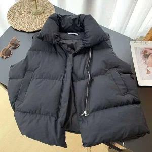 겨울 패딩 조끼 밑단 스트링 하이넥 오버핏 사선지퍼