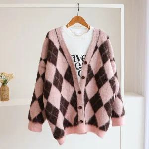 [잇수다] 론나일 아가일 오버핏 헤어리 니트 가디건