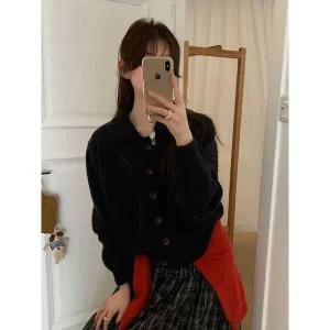 [하프클럽/샵앤]여성 카라넥 단추오픈 펀칭 긴팔 니트 가디건 21DS-WCD-4990-블