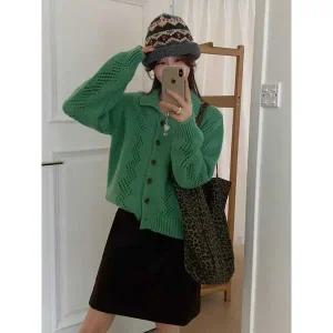[하프클럽/샵앤]여성 카라넥 단추오픈 펀칭 긴팔 니트 가디건 21DS-WCD-4990-그