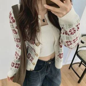 [하프클럽/]여성 겨울 노르딕 디자인 노카라 버튼 니트 카디건