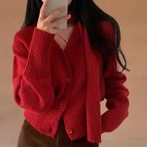 [하프클럽/]여성 브이넥 도톰 니트 가디건 여유핏 타이넥 스타일