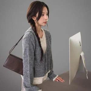 [하프클럽/]여성 울혼합 여리핏 배색 레이어드 니트 카디건