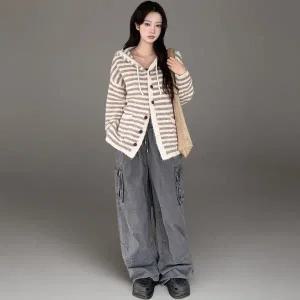 [하프클럽/]여성 루즈핏 스트라이프 후드 긴팔 니트 가디건