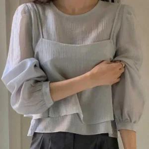 [하프클럽/]여성용 루즈핏 레이어드 크롭 블라우스