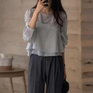 [하프클럽/]여성용 레이어드 크롭 블라우스 찰랑핏 뷔스티에