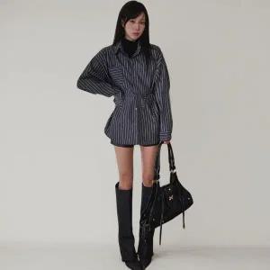 [하프클럽/]여성용 스트라이프 루즈핏 셔츠 허리끈 면혼합 남방