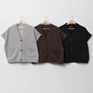 여성 박시핏 투포켓 브이넥 버튼 드롭숄더 면 조끼