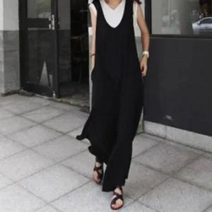 여성용 와이드핏 딥V 점프수트 뒷지퍼 캐주얼