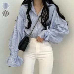 [아우트]세로 단가라셔츠 스트라이프 벌룬소매 셔츠