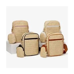 스퀘어 쇼퍼백 손가방 왕골 미니 여행용 포켓 배색 크