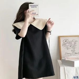 [아우트]결혼식 배색 플리츠 빅카라 블랙원피스