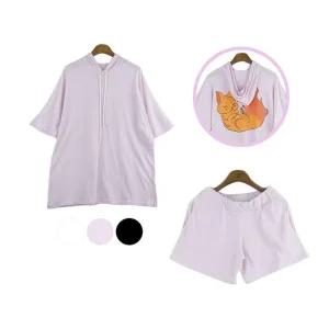 [아우트]반팔 밴딩 반바지 홈웨어 반팔후드 세트