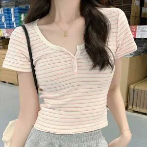스트라이프 버튼 크롭 반팔 티셔츠