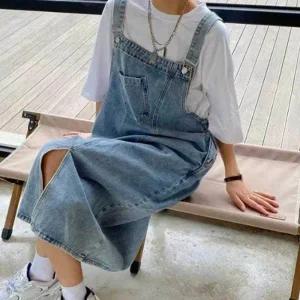 언발란스 절개 디자인 독특한 포인트 유니크한 매력 데님 멜빵 롱스커티 멋스러운 스타일