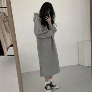 [아우트]후드 무지 면원피스 롱 원피스 봄 가을