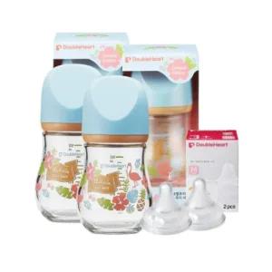 더블하트 아기 유리 젖병 160ml 젖꼭지 M 세트 블루