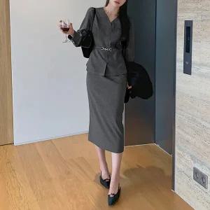 핫핑 [하객룩][투피스같은원피스] 페이드 일체형 브이넥 버클 트임 롱원피스