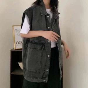 여성 복고풍 카라 데님 조끼 블랙 아우터