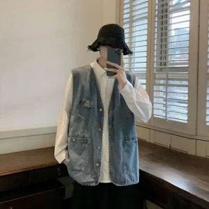 여성 복고풍 데님 조끼 빈티지 캐주얼 베스트