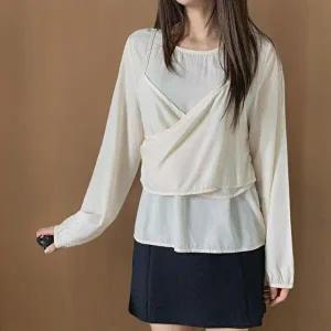 [신상오픈런]|CHH41A8|여성 랩 스타일 리본 뷔스티에 레이어드 찰랑핏 블라우스