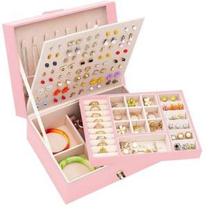 여자 귀걸이 보석함, 가죽 홀더 정리함, 목걸이 및 반지 핑크