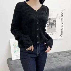 데일리 여성 데일리 가디건 니트 클래식 브이넥 골지