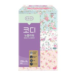 코디 뉴플라워 미용티슈 250매 6입 1팩 각티슈 화장지 휴지