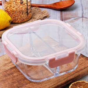 사각유리 2칸 나눔 반찬통 핑크 대