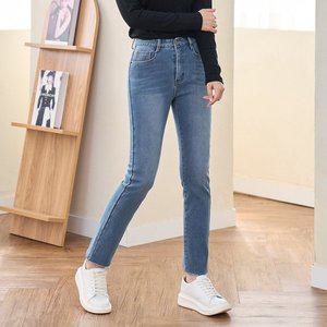 [진마니아]연청 스판 바텀컷팅 보아털본딩기모 일자 데님 팬츠