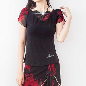 플라워 블랙 튤립 소매 댄스복 블라우스 스포츠 줌바