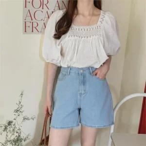 여자 여름 소매퍼프 레이스 썸머 블라우스