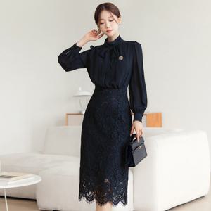 [시크라인] 아멜리아 타이넥 링클쉬폰 하프 레이스 H 원피스