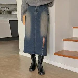 핫핑 [2버전] 키어링 워싱 기모 트임 데님/코튼 롱스커트