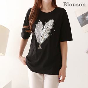 [BLOUSON][한정수량/특가] 박시 스팽글 나뭇잎 반팔 티셔츠_B2104TS904B