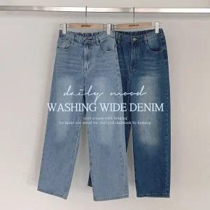 핫핑 레차 뒷밴딩 워싱 세미보이핏 와이드 데님팬츠