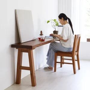 해찬솔 통원목 폭좁은 다용도 원목테이블 2000TR w400/우드슬랩/책상/사이드/창가테이블/통원목다리