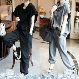 [로즈엘리]루즈핏 패치 반팔 후드티+조거팬츠 썸머 트레이닝복 상하세트 2컬러